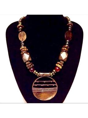 Antique African Tribal Ethnic Copper Pendant w/ Wood & Hematite Beaded N…